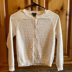 Crochet front, girls, white cardigan sweater.